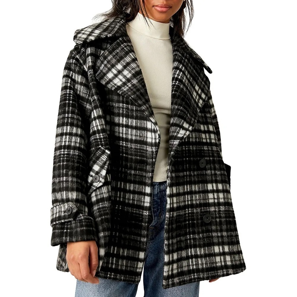 ❄️Free People Highlands Wool Black White Plaid Peacoat XXL